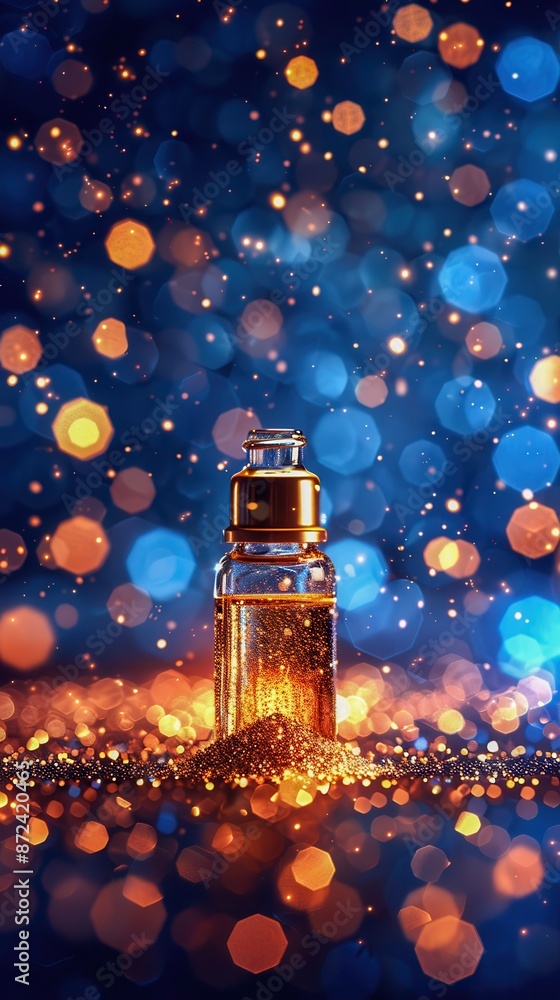 Enchanted Small Oblong Glass Bottle with Magic Sparkles on Mysterious Dark Background Enchanted Small Oblong Glass Bottle with Magic Sparkles on Mysterious Dark Background