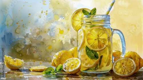 Freshly Squeezed Lemonade in Mason Jar with Lemon Slices and Mint Watercolor