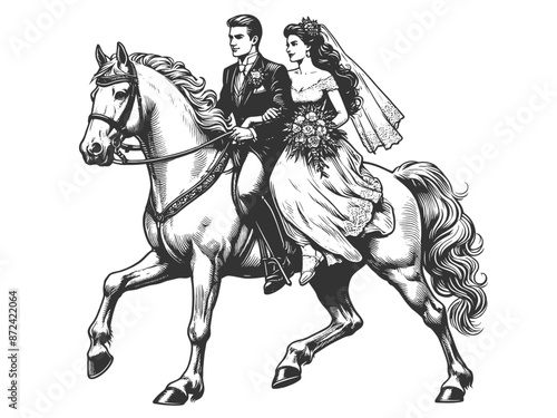 bride and groom in traditional wedding attire riding a horse romantic moment sketch engraving generative ai fictional character vector illustration. Scratch board imitation. Black and white image.