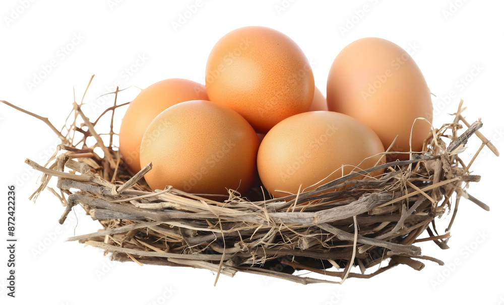 Closeup of eggs in a nest isolated on transparent background. Organic protein food from bird animal on a farm, straw, rural Closeup of eggs in a nest isolated on transparent background. Organic protein food from bird animal on a farm, straw, rural