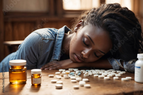 Young African woman unconscious after taking medicine overdose, with antidepressant pills spread on table. Mental health problems, suicide attempt or drug addiction due to depression or anxiety