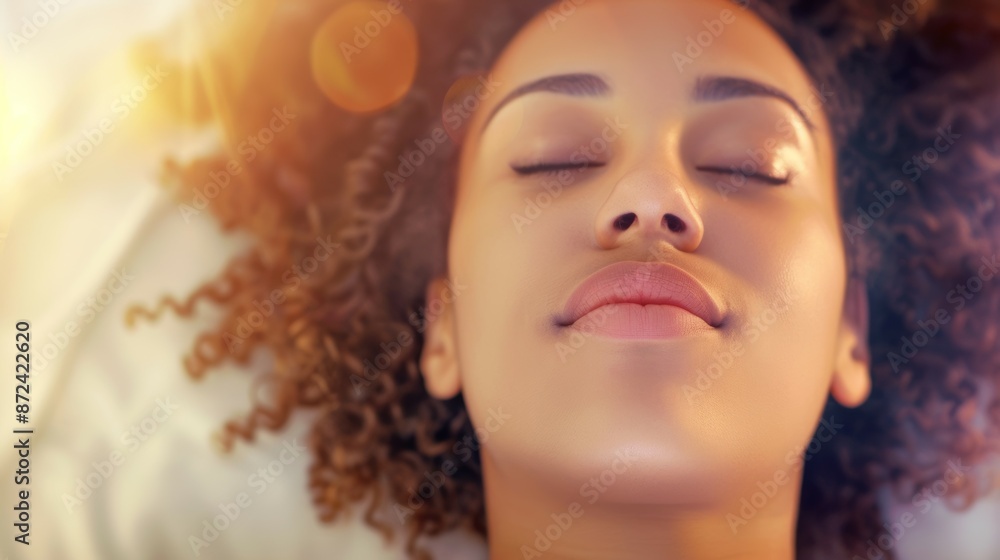 A woman with curly hair is laying down and smiling A woman with curly hair is laying down and smiling