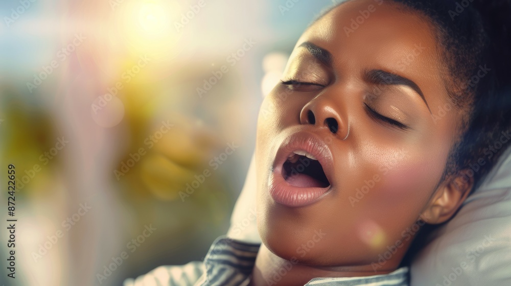 Close-up of a woman's face during orgasm in bed. Background with selective focus Close-up of a woman's face during orgasm in bed. Background with selective focus