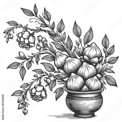Tree with Khinkali dumplings sketch engraving generative ai fictional character vector illustration. Scratch board imitation. Black and white image.