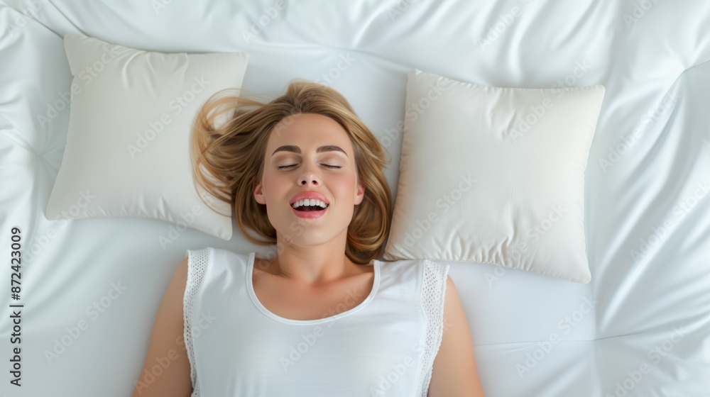 Close-up of a woman's face during orgasm in bed. Background with selective focus Close-up of a woman's face during orgasm in bed. Background with selective focus