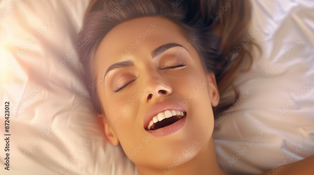 Close-up of a woman's face during orgasm in bed. Background with selective focus Close-up of a woman's face during orgasm in bed. Background with selective focus