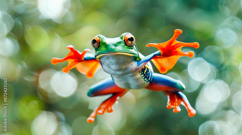 Naklejka premium Vibrant Tree Frog Leaping Through the Lush Tropical Foliage Closeup of an Adorable Amphibian Exploring the Verdant Rainforest Environment