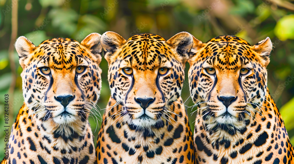 Fototapeta premium Three identical spotted big cat predators possibly cheetahs leopards or jaguars staring intensely with alert and focused expressions in a natural environment