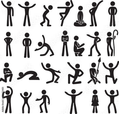 Stick characters. Posture icon action figures symbols human body silhouettes vector simple collection. Figure pose silhouette stick various, grateful action illustration