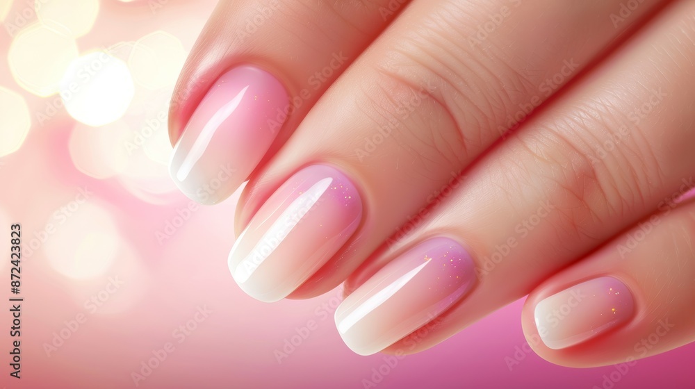 A hand with a pink and white manicure, nail service concept A hand with a pink and white manicure, nail service concept
