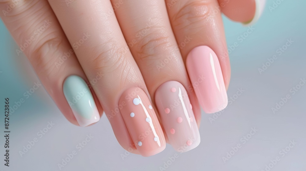 A woman's hand with a manicured pink and green nail polish, nail service concept A woman's hand with a manicured pink and green nail polish, nail service concept