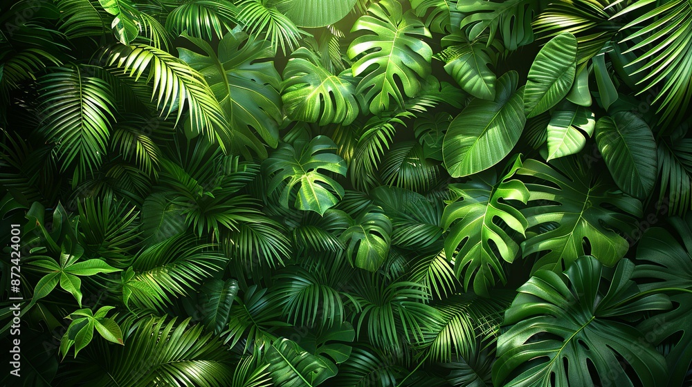 Detailed photograph of a rainforest canopy with dense, overlapping leaves, creating a lush and exotic background texture for nature and adventure-themed illustrations. , Minimalism, Detailed photograph of a rainforest canopy with dense, overlapping leaves, creating a lush and exotic background texture for nature and adventure-themed illustrations. , Minimalism,