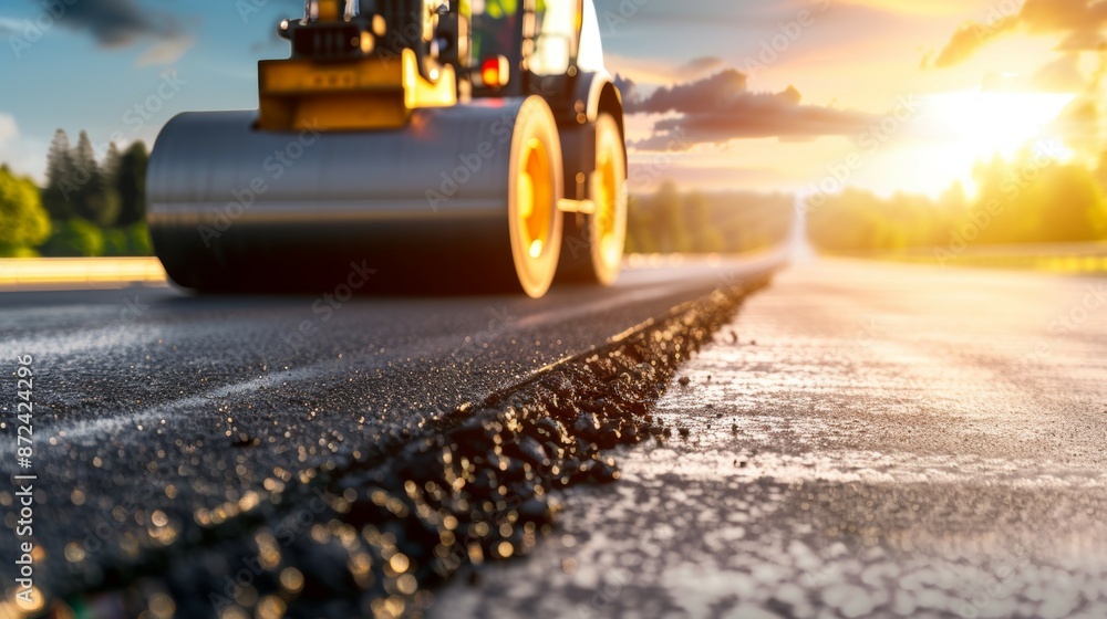 A large construction vehicle is rolling a piece of asphalt down a road, highway repair