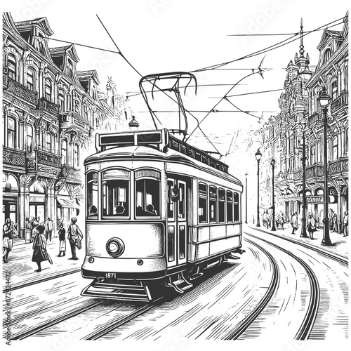 vintage tram historic city street, surrounded by classic architecture and pedestrians sketch engraving generative ai vector illustration. Scratch board imitation. Black and white image.