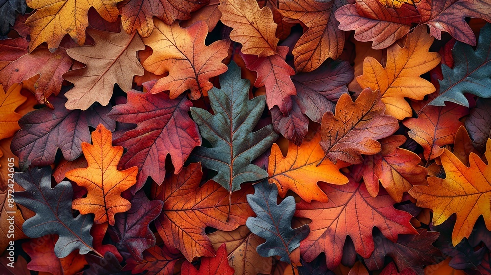Pattern of overlapping oak leaves in warm autumn hues, creating a rich and seasonal background texture perfect for fall-themed projects. , Minimalism, Pattern of overlapping oak leaves in warm autumn hues, creating a rich and seasonal background texture perfect for fall-themed projects. , Minimalism,