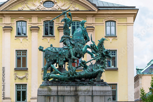 Photography The Saint George and the Dragon sculpture in Köpmantorget, or Merchants' Street in the medieval Gamla stan district, Stockholm, Sweden