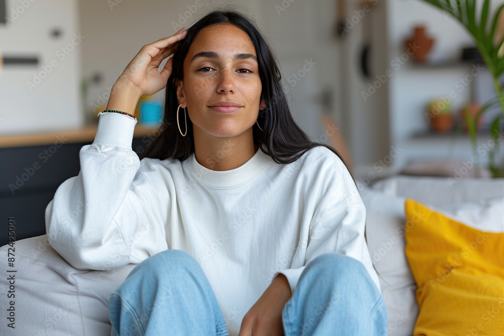 A young woman with long dark hair, wearing a white sweatshirt and blue jeans, sits on a couch in a living room. A young woman with long dark hair, wearing a white sweatshirt and blue jeans, sits on a couch in a living room.