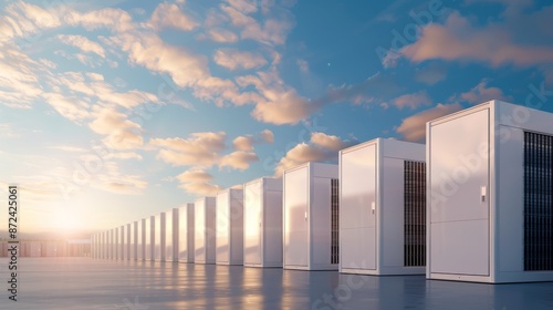 Wallpaper Mural Modern battery storage facility under a glowing blue sky, white clouds drifting, futuristic and clean energy theme, detailed and serene Torontodigital.ca