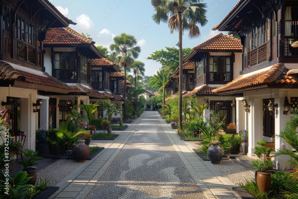 Beach resort walkway with two-storey hotels, ocean view, tropical, serene, beachfront, Generative AI