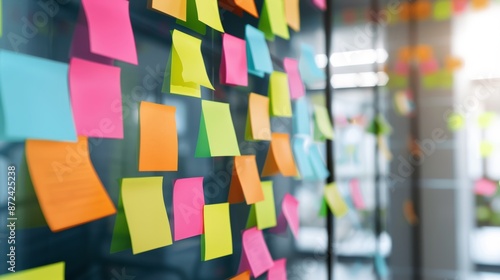 Sticky notes covering a wall, brainstorming ideas, glass meeting room background, vibrant colors, energetic and collaborative atmosphere