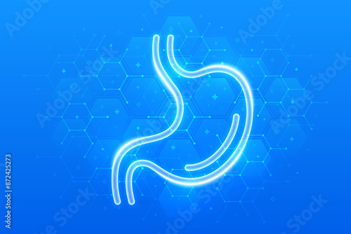 Stomach care. Treatment of stomach and digestive system diseases. Stomach icon. Gastroenterology clinic medical banner. Molecular structure. Blue medical background with hexagons. Vector illustration.