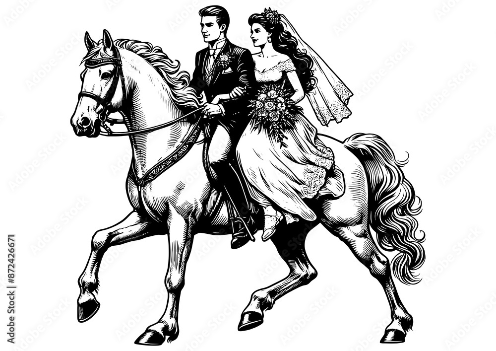 bride and groom in traditional wedding attire riding a horse romantic moment sketch engraving generative ai fictional character PNG illustration. Scratch board imitation. Black and white image. bride and groom in traditional wedding attire riding a horse romantic moment sketch engraving generative ai fictional character PNG illustration. Scratch board imitation. Black and white image.