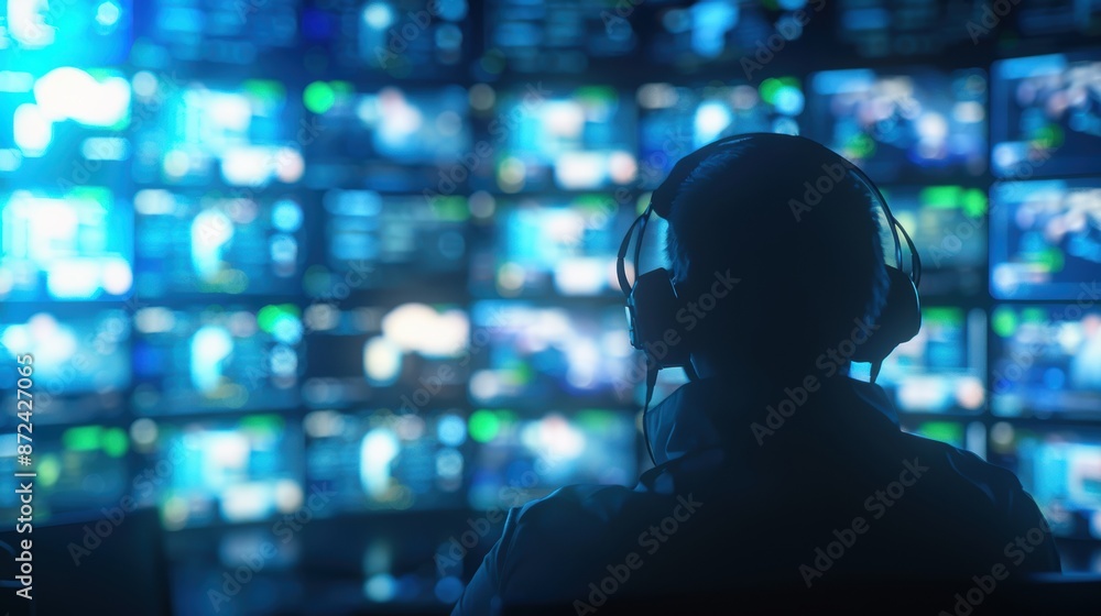 Person wearing headphones monitors multiple screens displaying various images and data, showcasing technology and media surveillance. Person wearing headphones monitors multiple screens displaying various images and data, showcasing technology and media surveillance.