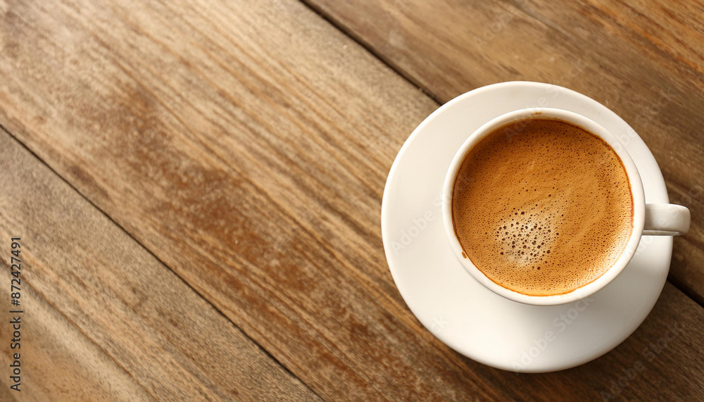 Cup of tasty coffee on table in cafe, top view; space for text Cup of tasty coffee on table in cafe, top view; space for text