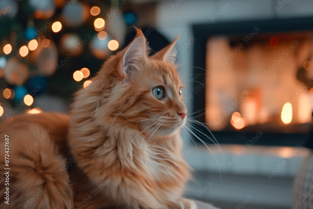 Fototapeta premium Majestic ginger cat relaxing by fireplace with glowing Christmas tree in background