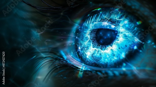Close-Up of a Blue Futuristic Eye with Glowing Patterns © Vectonessa