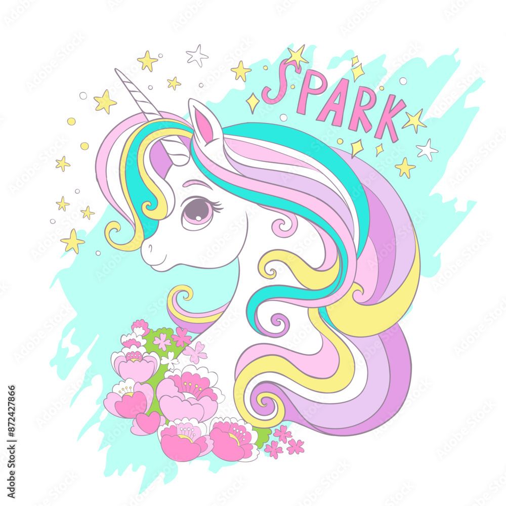 Greeting card with cute unicorn with flowers and lettering vector Greeting card with cute unicorn with flowers and lettering vector