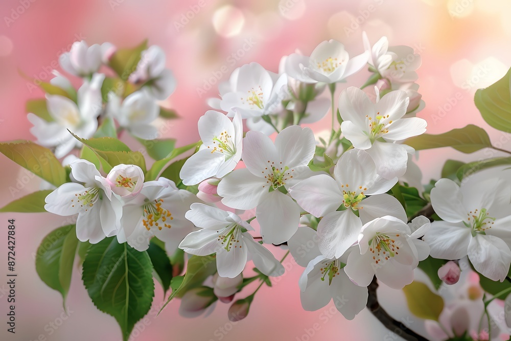 Obraz premium Delicate white apple blossoms in springtime against a dreamy pink background.