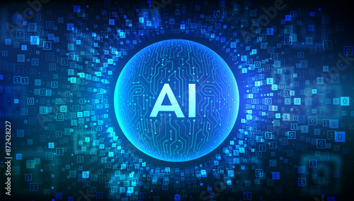 AI. Artificial intelligence. Abstract circuit board sphere with letters AI. Machine learning technology. Neural networks. Binary code background with digits 1.0. Binary Data Flow. Vector illustration.