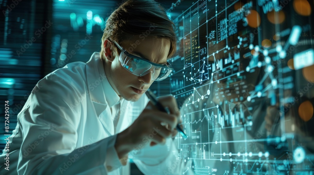 A researcher writes notes on a transparent board displaying clinical trial data, equations, and graphs in a modern lab with bright lighting.. A researcher writes notes on a transparent board displaying clinical trial data, equations, and graphs in a modern lab with bright lighting..