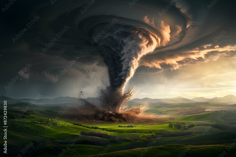 Dramatic Tornado over Green Pastures with Dark Storm Clouds Dramatic Tornado over Green Pastures with Dark Storm Clouds