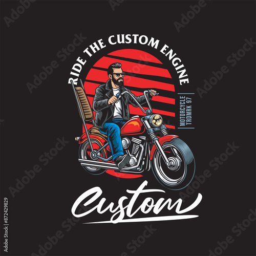 Vector Illustration of Man Riding Chopper Motorcycle with Vintage Illustration Available for Tshirt Design
