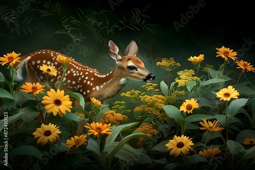 A young deer gracefully foraging among vibrant yellow flowers in a tranquil forest setting.
