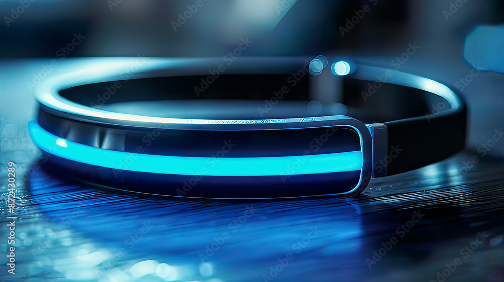 High-resolution image of a smart medical alert bracelet sleek and modern design soft blue backlighting High-resolution image of a smart medical alert bracelet sleek and modern design soft blue backlighting