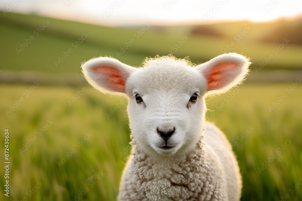 Adorable fluffy lamb in a sunlit pastoral landscape with vibrant green fields and gentle hills. Adorable fluffy lamb in a sunlit pastoral landscape with vibrant green fields and gentle hills.