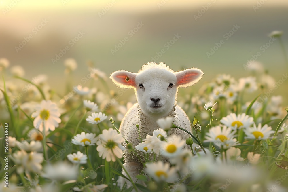 Adorable lamb standing amidst a field of blooming daisies during a serene, golden sunrise. Adorable lamb standing amidst a field of blooming daisies during a serene, golden sunrise.