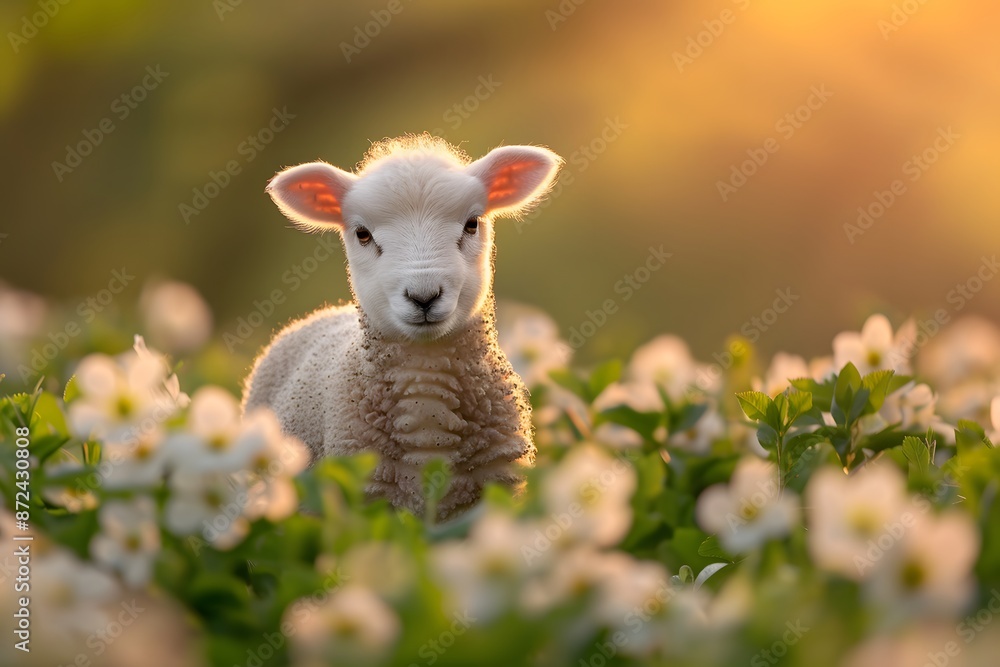 Adorable lamb standing in a field of wildflowers during golden hour. Adorable lamb standing in a field of wildflowers during golden hour.