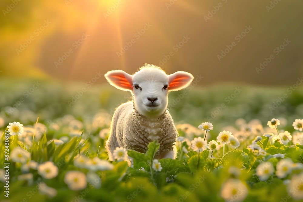 Adorable lamb standing in a field of daisies at sunrise, bathed in warm golden light Adorable lamb standing in a field of daisies at sunrise, bathed in warm golden light