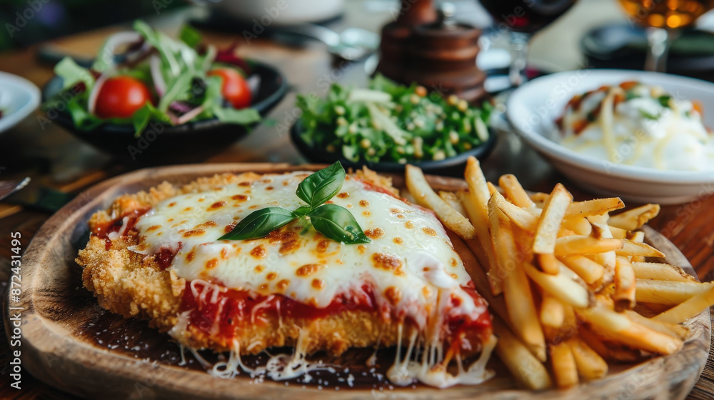 Neapolitan Milanese topped with tomato sauce, ham and melted cheese with golden French fries Neapolitan Milanese topped with tomato sauce, ham and melted cheese with golden French fries