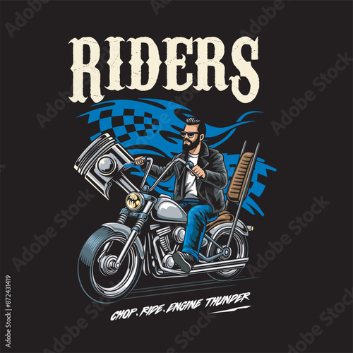 Vector Illustration of Man Riding Chopper Motorcycle and Piston with Vintage Illustration Available for Tshirt Design