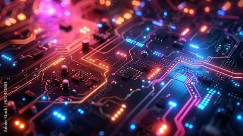 A dynamic, tech-inspired background with circuit board patterns and glowing neon accents © Anditya