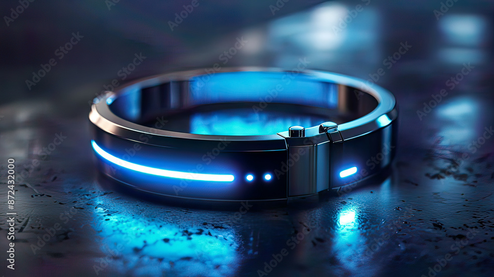 Hyper-realistic image of a smart medical alert bracelet sleek and modern design soft blue backlighting Hyper-realistic image of a smart medical alert bracelet sleek and modern design soft blue backlighting