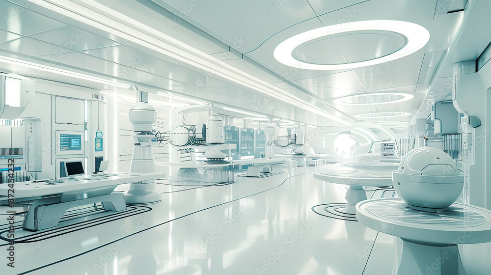 Naklejka premium Photorealistic image of a futuristic laboratory with advanced AI systems clean and organized bright white lighting 