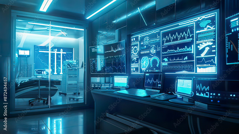 Photorealistic image of a high-tech health data analysis system sleek and intuitive design soft blue lighting Photorealistic image of a high-tech health data analysis system sleek and intuitive design soft blue lighting