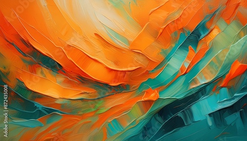 Textured oil painting with thick brushstrokes in vibrant orange, emerald green and blue , generated by AI. High quality photo