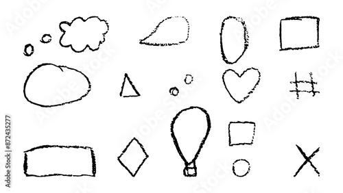 Doodles with the texture of wax chalk. Set elements imitating child drawing. Cloud heart diamond. Doodles abstract shapes. Vector illustration.